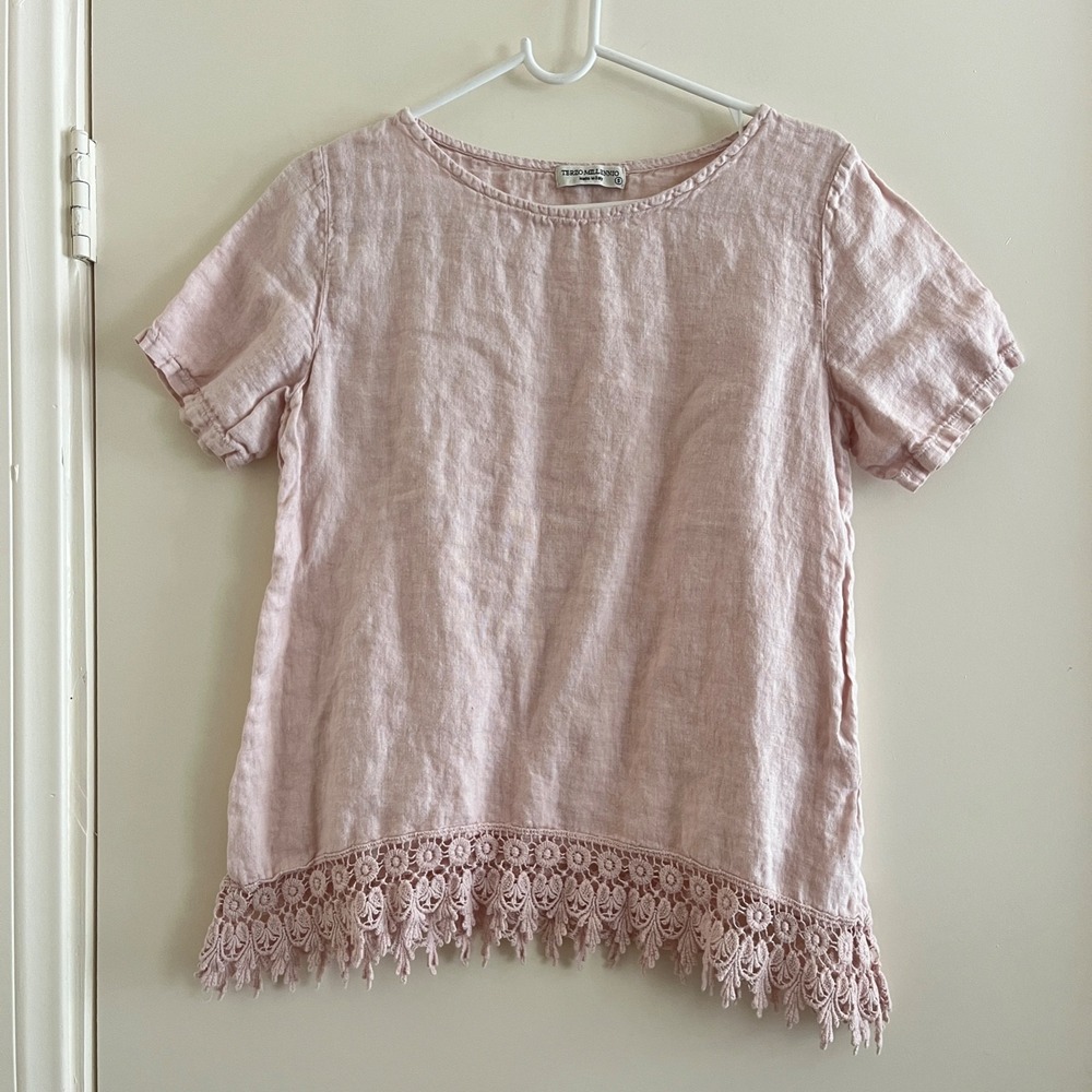 Terzo Millennio Women Linen Top S Blush Pink Italy Crochet Lace Boho Lagenlook